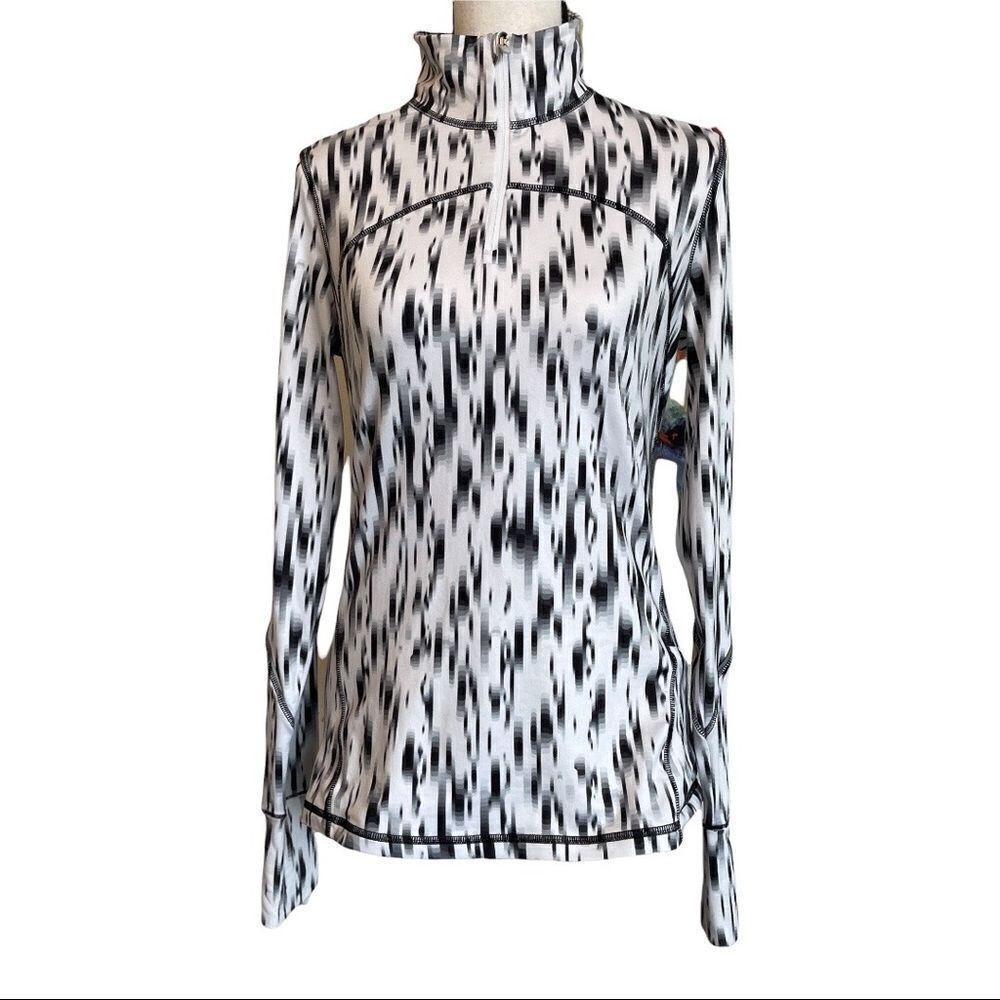 GapFit Black White Abstract Print Quarter Zip Athletic Top‎ Thumbholes Size S